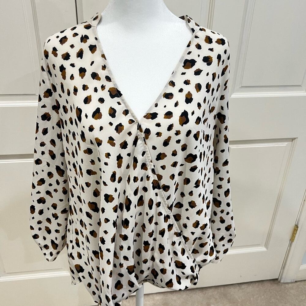 All in Favor cream and leopard blouse, size L